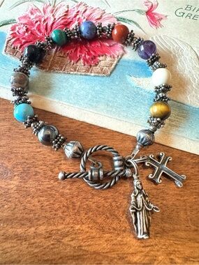 Virgin Mary Rosary Cross 925 Sterling Silver Multi-Stone Beaded Toggle Bracelet